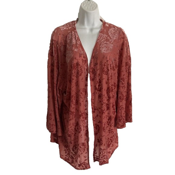 Thyme & Honey Open Front Cardigan Size L Pink Floral Sheer Velour Bell Sleeves - Picture 8 of 10